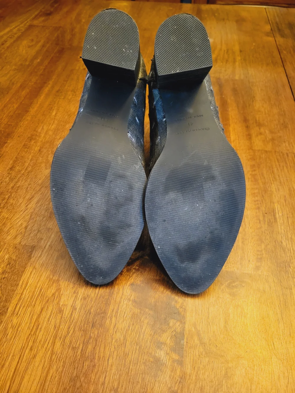 Chocolat Blu Denim Ankle Booties in Black And Gold with Frayed Trim